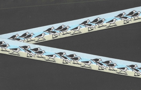 RDS 29-A Jacquard Ribbon Poly Trim 7/8" Wide (22mm) Blue Skies & Water w/"Sandpipers" Seagulls, Shorebird, Walking across Beach