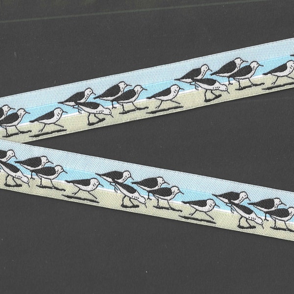 RDS 29-A Jacquard Ribbon Poly Trim 7/8" Wide (22mm) Blue Skies & Water w/"Sandpipers" Seagulls, Shorebird, Walking across Beach