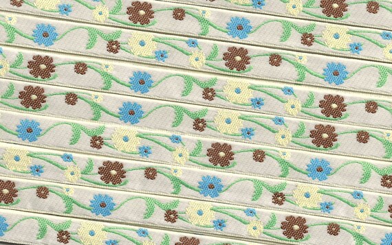 FLORAL A-41-E Jacquard Ribbon Poly Trim 3/8" Wide (9mm) Ivory Background w/Turquoise, Cream & Brown Flowers, Spring Green Vines