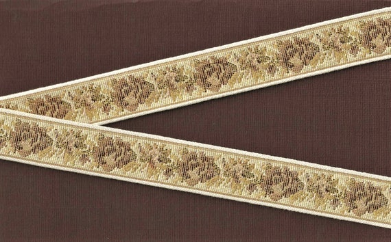 FLORAL TAPESTRY F-21-C Jacquard Ribbon Cotton Woven Trim 1-1/8" wide (28mm) "Petit Point" Design in Cream, Beige, Brown & Olive Green