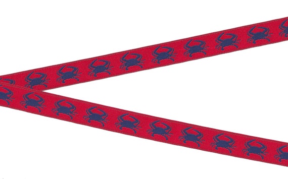 ANIMALS/Water C-17-A Jacquard Ribbon Poly Trim 5/8" wide (16mm) REVERSIBLE, Navy Blue w/Red Crabs, Patches, Appliques
