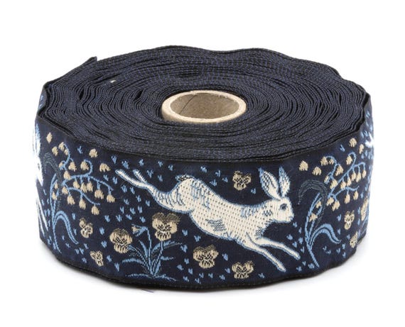 KAFKA H-27-01 Jacquard Ribbon Organic Cotton Trim 1+1/2" wide (38mm) Navy w/White Jackrabbits