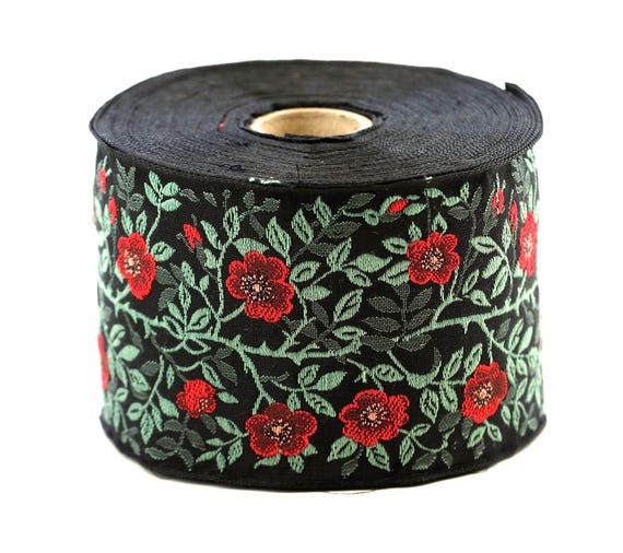 KAFKA L-01/67 Jacquard Ribbon Woven Organic Cotton Trim 2-3/8" wide (60mm) Black Background w/Red Dog Roses, 2-Tone Green Leaves HOLIDAY