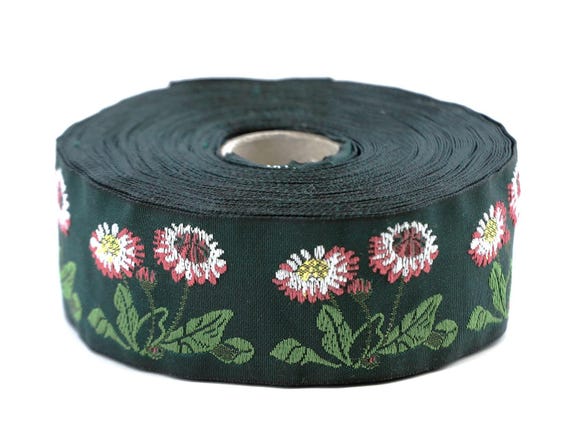 KAFKA G-04/06 Jacquard Ribbon Woven Organic Cotton Trim 1-1/4" wide (32mm) Green w/White & Pink Daisies Yellow Accents Green Leaves