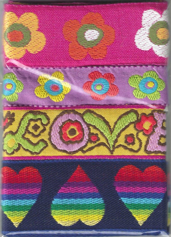 RIBBON PAK-108a Jacquard Ribbon Cotton Trim (4yds) 1yd ea of 4 VINTAGE Retro Hippie Boho Designs