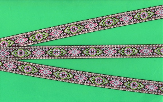 GEOMETRIC C-06-H Jacquard Ribbon Polyester Trim 5/8" wide (16mm) Black w/Lt Blue, Pink & Apple Green, Renaissance