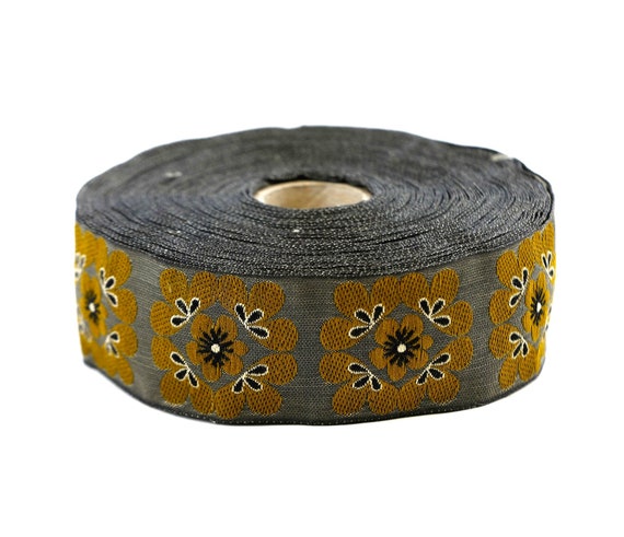 KAFKA G-13/17 Jacquard Ribbon Woven Organic Cotton Trim 1-1/4" wide (32mm) Gray w/Dk Mustard Gold Mod Flowers Black & White Accents