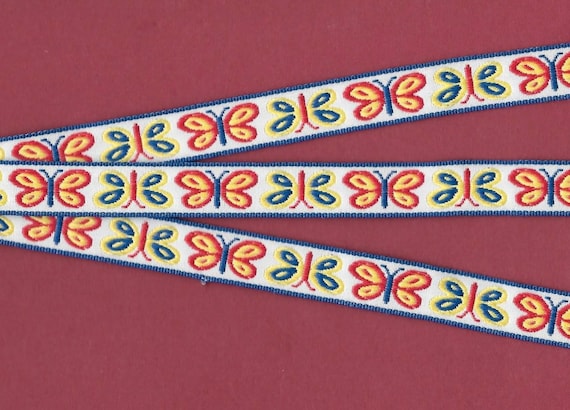 INSECTS C-02-D Jacquard Ribbon Poly Trim 5/8" wide (16mm) White Background w/Red, Yellow & Navy Butterflies