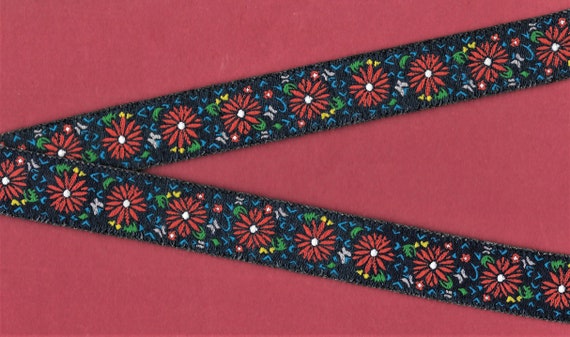FLORAL F-36-A Jacquard Ribbon Poly Trim, 15/16" Wide (24mm) Navy w/Red Flowers, Beige Butterflies, Blue, Green & Yellow Accents