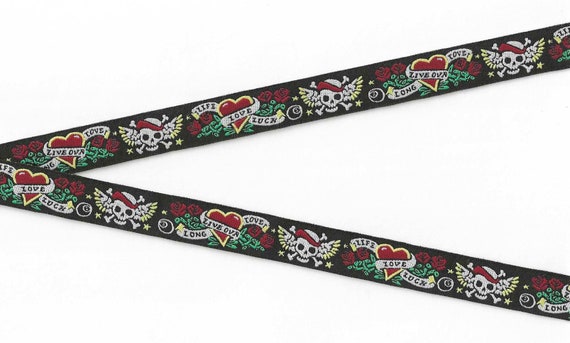 NOVELTY/Skulls C-01-A Jacquard Ribbon Poly Trim 5/8" wide (16mm) White Skulls, Hearts & Red Roses on Black