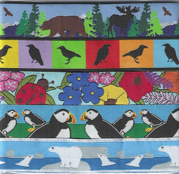 ALASKAN Ribbon Gift Pak #5 Jacquard Ribbon Poly Trim 7/8" (22mm) 1yd each of 5 Designs Moose & Bears, Ravens, Floral, Puffins, Polar Bears