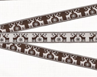 HOLIDAY E-13-A Jacquard Ribbon Poly Trim 7/8" wide (22mm) REVERSIBLE Brown/White Reindeer