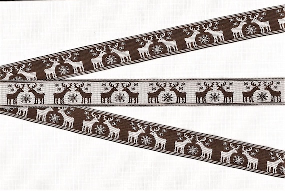 HOLIDAY E-13-A Jacquard Ribbon Poly Trim 7/8" Wide (22mm) REVERSIBLE, Brown/White Background Reindeer Snowflakes, REMNANTS