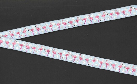ANIMALS/Birds C-23-B Jacquard Ribbon Poly Trim 5/8" Wide (16mm) From France, Sky Blue Background w/Pink Flamingos, White Flowers