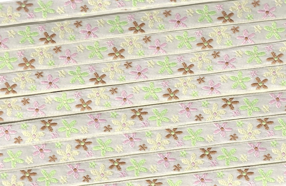 FLORAL A-38-C Jacquard Ribbon Polyester Trim 3/8" wide (9mm) Ivory Background w/Petite Pink, Cream, Brown & Pale Green Flowers