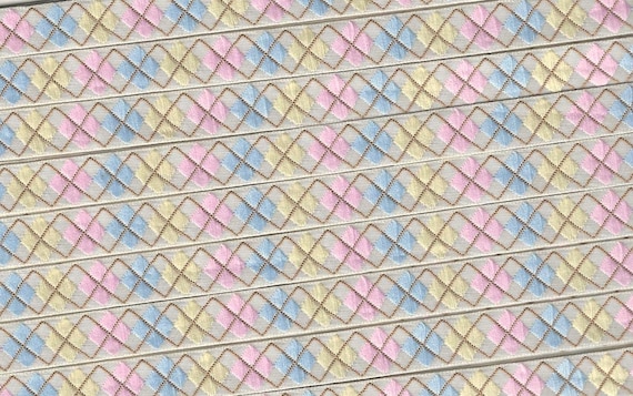 GEOMETRIC A-04-D Jacquard Ribbon Polyester Trim 3/8" wide (9mm) Argyle Pattern, Ivory w/Lt Blue, Cream & Pink Diamonds, Brown Accents