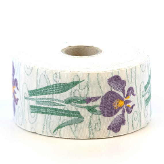 KAFKA H-10/02 Jacquard Ribbon Organic Cotton Trim 1-1/2" wide (38mm) Ivory w/Lavender Irises