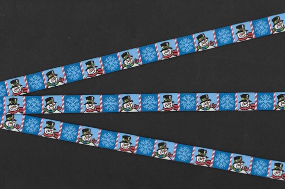 SNOWMAN B-01-A Jacquard Ribbon Poly Trim 1/2" Wide (13mm) Douglas Paquette, "Snowmen" in Black Top Hats and Snowflakes, Per Yard