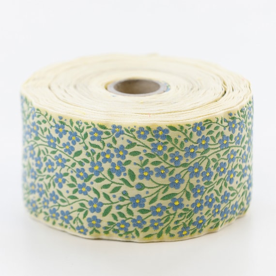 KAFKA K-02/33 Jacquard Ribbon Woven Organic Cotton Trim 2" Wide (50mm) Yellow w/Blue & Golden Yellow Forget-Me-Nots, Green Leaves