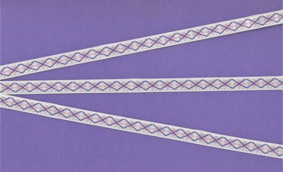GEOMETRIC A-06-A Jacquard Ribbon Polyester Trim 3/8" wide (9mm) White Background with Pink & Purple Argyle Diamond Design REMNANTS
