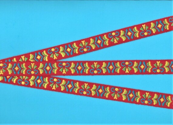FLORAL C-04 Jacquard Ribbon Cotton Trim, 5/8" Wide (16mm) Red Background w/Turquoise, Yellow & Green Accents, Folk Design, Priced Per Yard