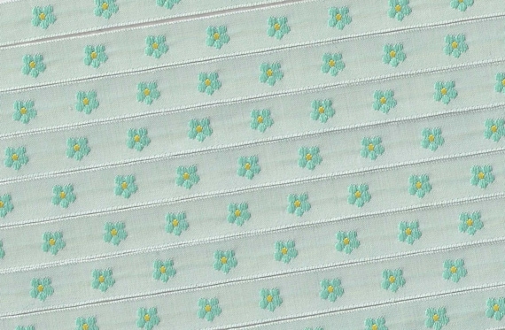 KAFKA A-03/06 Jacquard Ribbon Woven Organic Cotton Trim 7/16" wide (10mm) Mint Background w/Aqua & Yellow Forget-Me-Not Flowers