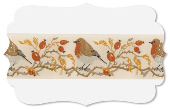 KAFKA H-05/01 Jacquard Ribbon Organic Cotton Trim 1-5/8" wide (42mm) Ivory w/Robins