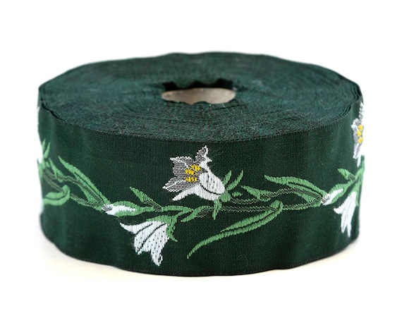 KAFKA G-02/06 Jacquard Ribbon Woven Organic Cotton Trim 1-1/4" wide (32mm) Green w/White, Gray & Yellow Bellflowers, Green Stems/Leaves