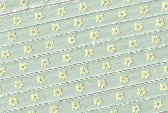 KAFKA A-03/43 Jacquard Ribbon Woven Organic Cotton Trim 7/16" wide (10mm) Mint Background w/Yellow & Lilac Forget-Me-Not Flowers