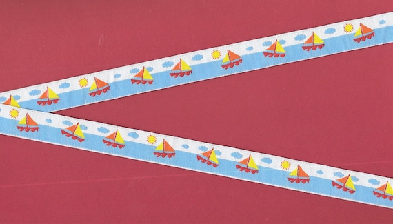 CHILDREN's NAUTICAL C-15-A Jacquard Ribbon Poly Trim 5/8" wide (16mm) White & Blue Background w/Red, Orange, Yellow Sailboats, Blue Clouds