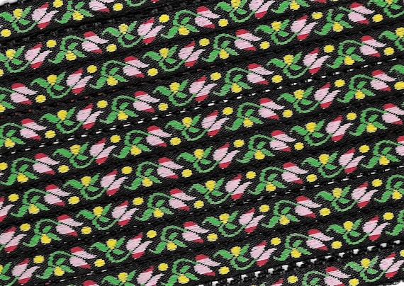 FLORAL B-24-D Jacquard Ribbon Rayon Trim 1/2" wide (13mm) Black Background Picot Edging w/Variegated Pink Tulips & Yellow Dots