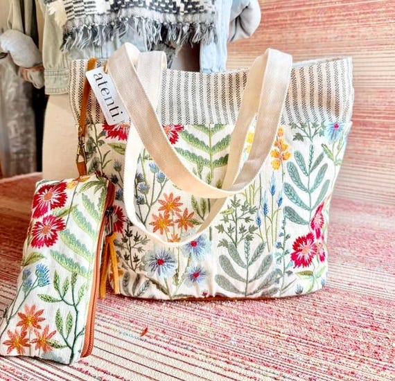 ATENTI "WILDFLOWERS" Embroidered Floral Tapestry Project Tote Bag, Handmade USA