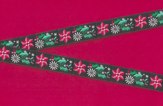 HOLIDAY E-24-A Jacquard Ribbon Poly Trim 7/8" wide (22mm) Jessica Jones, Black w/Red Poinsettias, Green Holly Leaves White Accents
