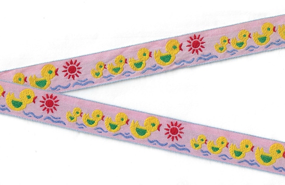 CHILDREN's E-16-D Jacquard Ribbon Woven Rayon Trim 7/8" wide (22mm) Pink Background w/Four Yellow & Green Ducklings on Water, Red Accents