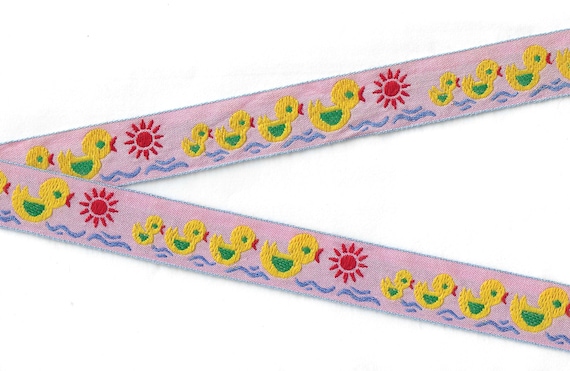 CHILDREN's E-16-D Jacquard Ribbon Woven Cotton Trim 7/8" wide (22mm) Pink Background w/Four Yellow & Green Ducklings on Water, Red Accents