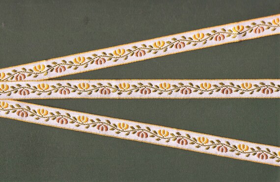 FLORAL B-40-A Jacquard Ribbon Polyester Trim 9/16" wide (14mm) White Background w/Brown & Golden Yellow Flowers/Borders, Olive Leaves/Vines
