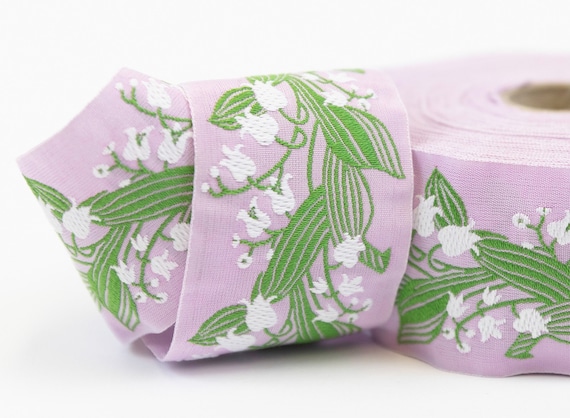 KAFKA H-02/14 Jacquard Ribbon Woven Organic Cotton Trim 1-1/2" wide (38mm) Orchid Lilac w/White Lilies of the Valley Green Leaves