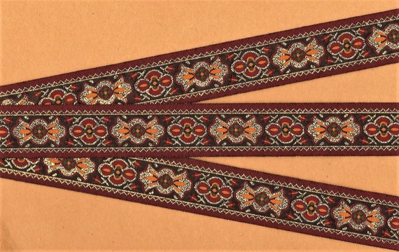 METALLIC F-14-B Jacquard Ribbon Poly Trim 1" wide (25mm) Olive Green & Mustard Gold Floral on Burgundy, Metallic Gold Accents