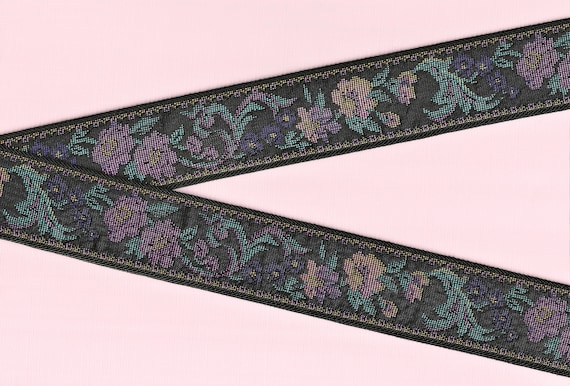 FLORAL TAPESTRY H-09-P Jacquard Ribbon Poly Trim, 1-1/2" Wide (38mm) Black Background w/Pink, Yellow & Blue Flowers, Teal Leaves