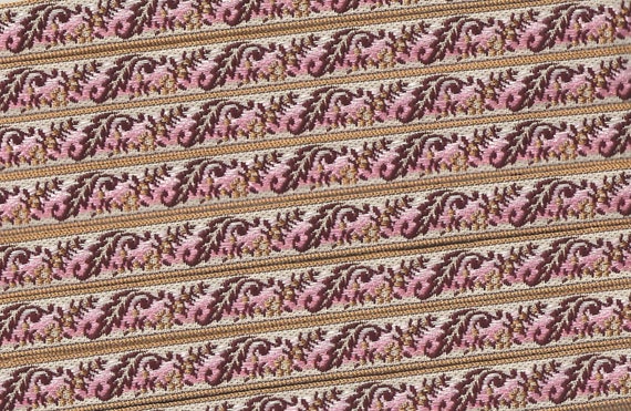 FLORAL B-08-B Jacquard Ribbon Woven Poly Trim 1/2" Wide (13mm) From France, Baroque "Feather" Design w/Burgundy, Pink & Caramel