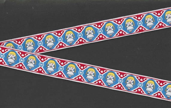 CHILDREN's E-23-A Jacquard Ribbon Polyester Trim 7/8" wide (22mm) White/Red/Blue Background w/Little Girls with Blonde Braids, White Dresses