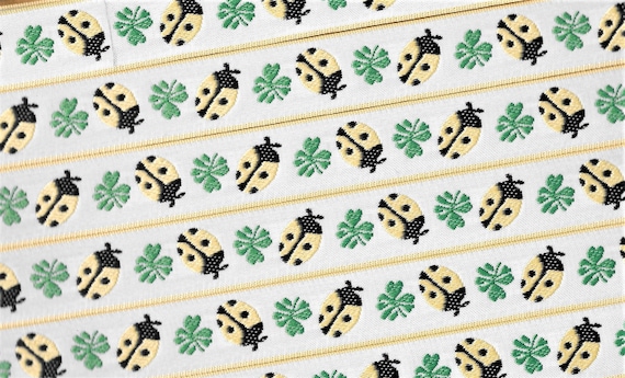 INSECTS E-01-B Jacquard Ribbon Polyester Trim 7/8" wide (22mm) White Background w/Pale Yellow & Black Ladybugs, Large Sage Green Leaves