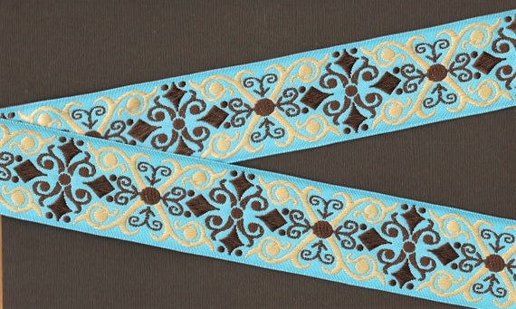 GEOMETRIC H-09-F Jacquard Ribbon Poly Trim, 1-1/2" wide (38mm) Pale Turquoise w/Warm Beige "X" with Brown Scrolls/Swirls