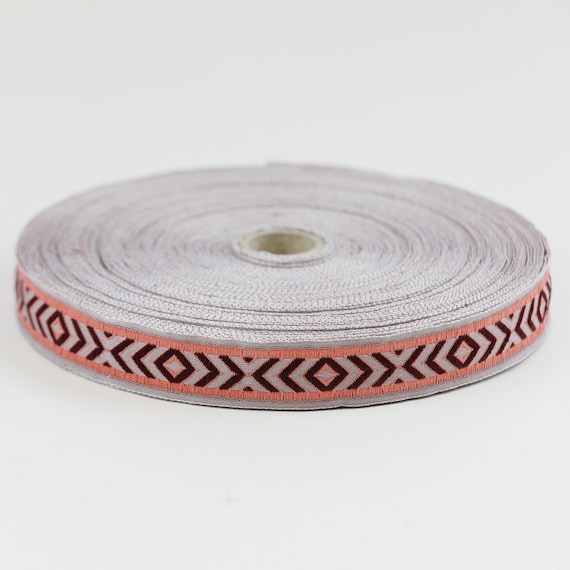 KAFKA D-11/10 Jacquard Ribbon Woven Organic Cotton Trim 13/16" wide (21mm) Geometric Southwest Arrow Design in Apricot/Rosewood/Wine Red