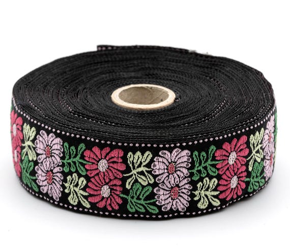 KAFKA G-32/02 Jacquard Ribbon Woven Organic Cotton Trim 1-1/4" wide (32mm) Black Background w/Lt Pink & Rose Pink "Flower Twin" Green Leaves