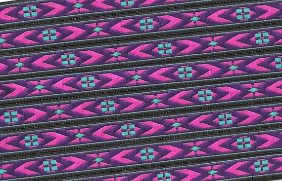 NATIVE AMERICAN A-08-A Jacquard Ribbon Poly Trim 7/16" wide (12mm) Turquoise, Black Background, Pink, Purple & Teal Tribal Southwest Pattern