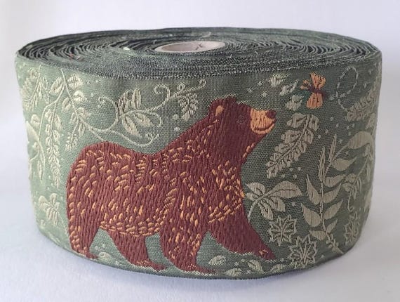 KAFKA L-05/05 Jacquard Ribbon Woven Organic Cotton Trim 2-3/8" wide (60mm) Green with Brown Bears, Green Leaves/Vines & Bumblebees