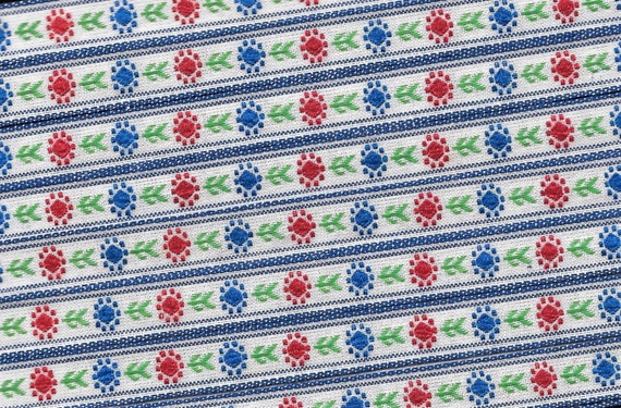 FLORAL A-15-J Jacquard Ribbon Poly Blend Trim 1/2" wide (13mm) White Background w/Blue Border, Red & Blue Flowers, Green Leaves