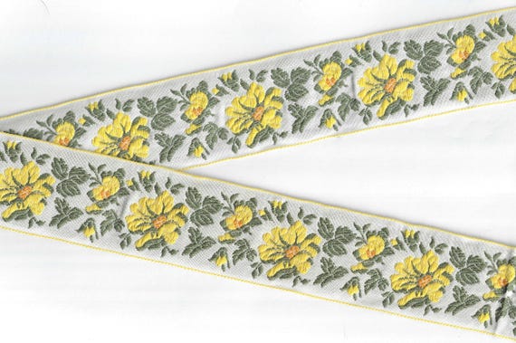 FLORAL J-22-A Jacquard Ribbon Cotton Trim 1-7/8" wide (48mm) VINTAGE White w/Large Yellow Flowers