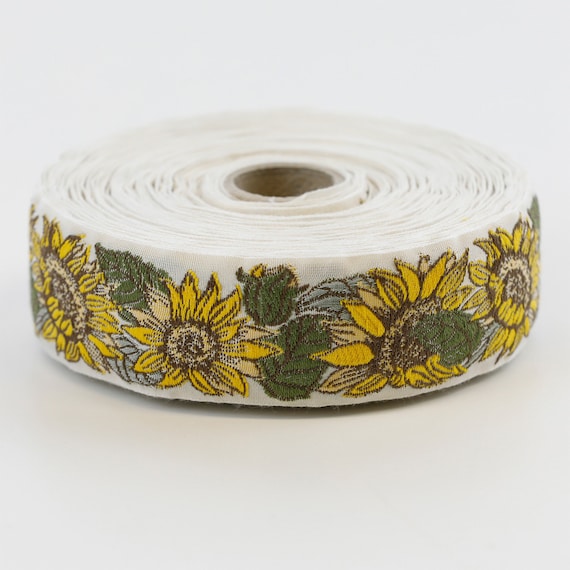 KAFKA G-18/01 Jacquard Ribbon Woven Organic Cotton Trim 1-1/4" wide (32mm) Ivory w/Yellow & Brown Sunflowers, Olive Green Leaves